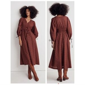 Madewell Sophia Red Floral Cotton Seersucker Dress Puffed Tie Sleeves - Medium